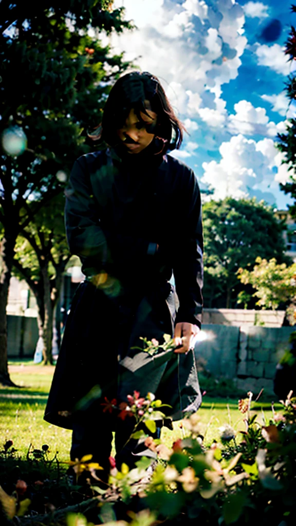 AN ADULT MAN NAMED "NARUTO" IN THE ANIME MANGA SERIES, WAS LENDING UNDER A TREE AND A GRASS FIELD AND AND A DARK SKY.