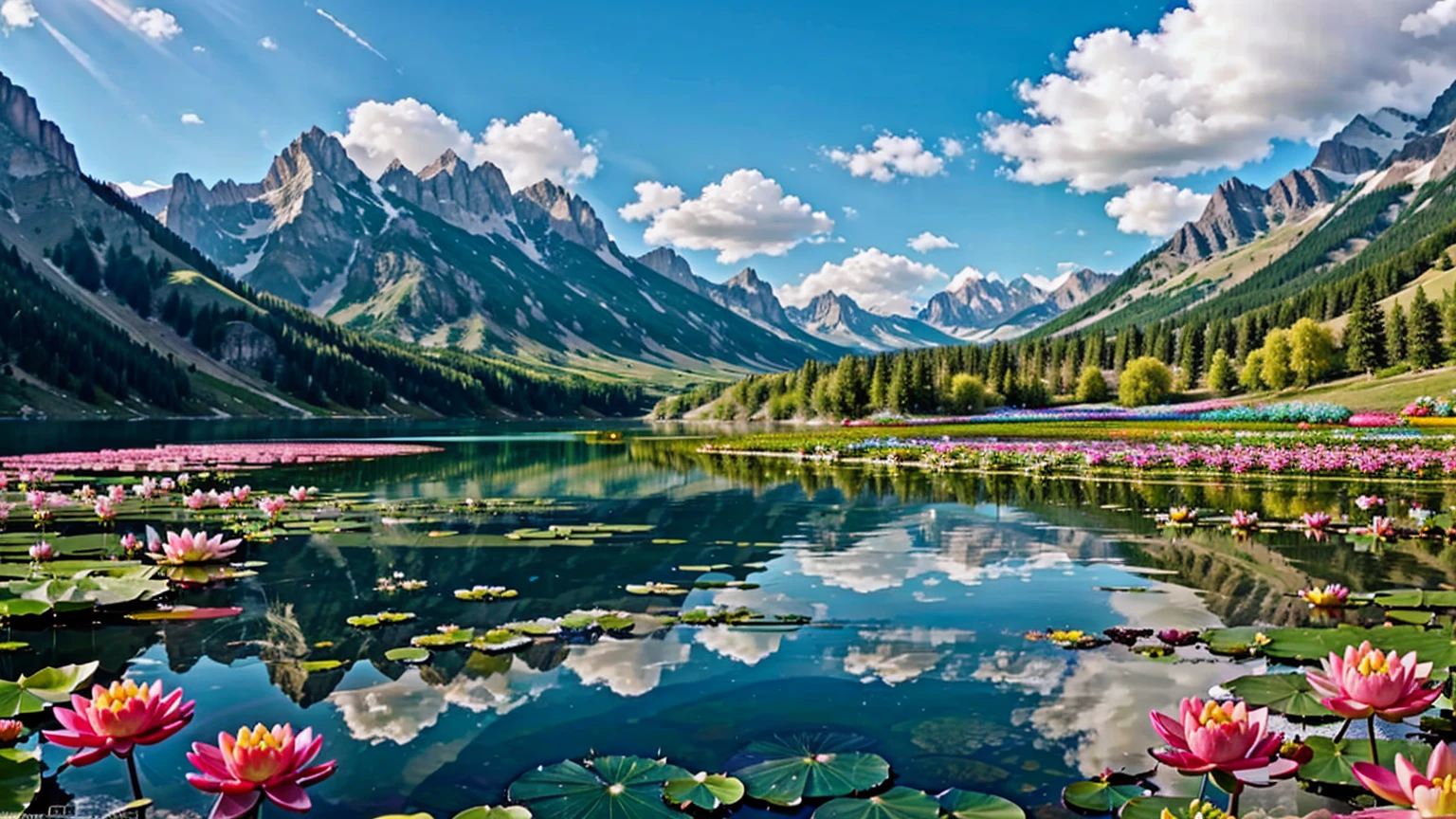 representing in detail a beautiful valley on a sunny day, with lake high mountains in the background, water lilies and crystal clear water reflecting the clouds in the sky, colorful flowers, lively atmosphere and relaxed attitude, meticulously capturing every intricate detail,