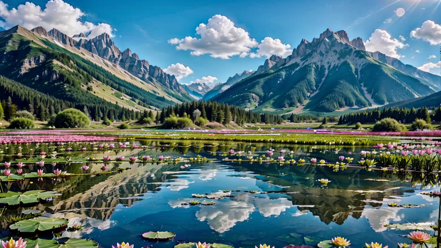 representing in detail a beautiful valley on a sunny day, with lake high mountains in the background, water lilies and crystal clear water reflecting the clouds in the sky, colorful flowers, lively atmosphere and relaxed attitude, meticulously capturing every intricate detail,
