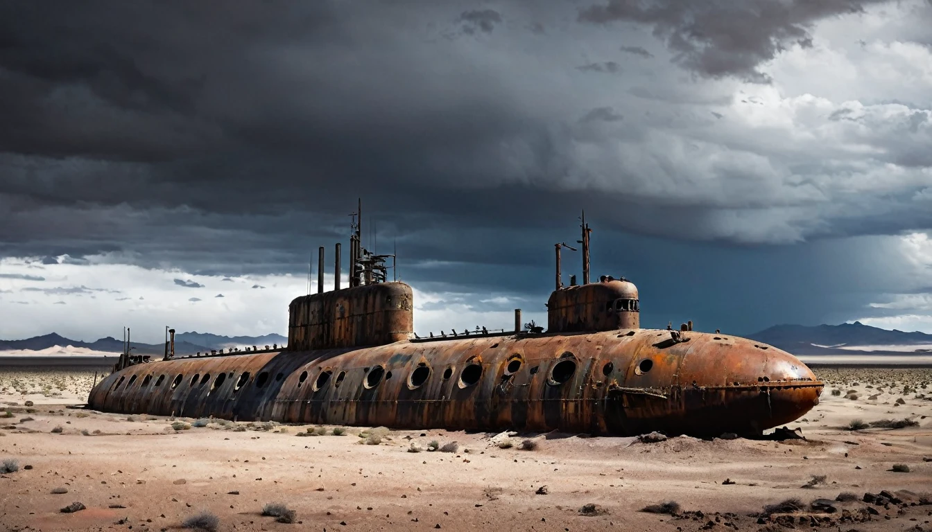 large rusty war submarine abandoned in buried desert, post apocalyptic, dark cloudy, and city in the background