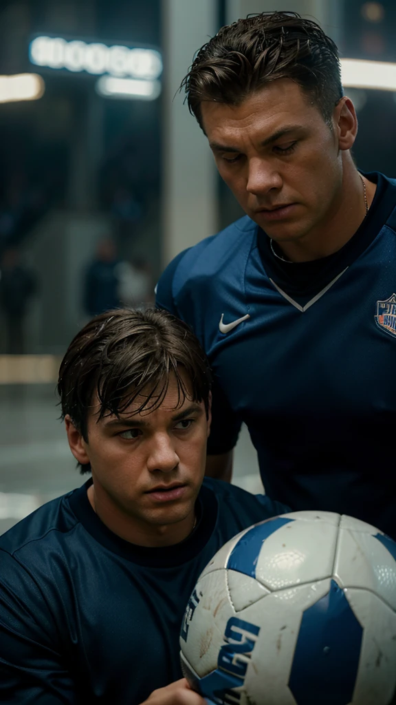 Headshot of a football coach advising leo to start passing the ball, 8k realistic imagery, blue scenery like a movie scene, old american setting, inspired by blade runner movie scene, blue tone,
