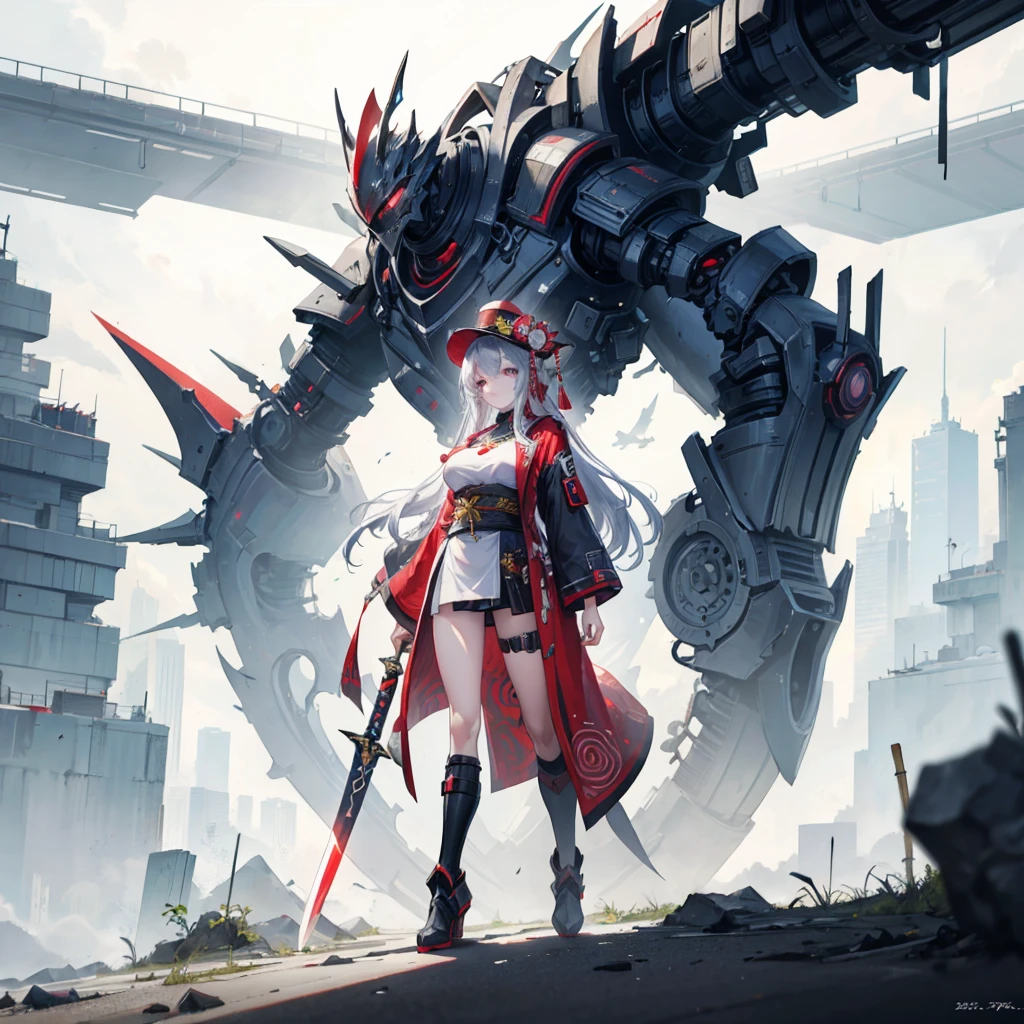 (masterpiece, Highest quality), (Perfect athletic body:1.2), (Detailed Hair), Very detailed, Anime Style, whole body, Cyberpunk Ninja Girl, Large scale, cyborg, Wearing an oiran coat and bamboo hat. Many arms and swords, Wasteland standings, Wear tech boots, 8K high resolution, Trend Art Station, White Background, Standing in the wasteland, whole body,