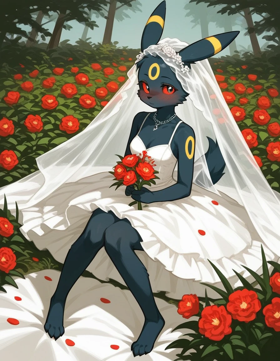 alone, score_9,score_8_up,score_7_up, an anthro furry female umbreon girl, black sclera, white eyes, full body, wearing wedding dress, holding flowers, blushing.