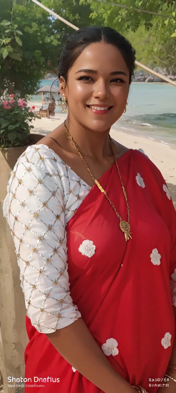 a beautiful woman, a white and dress, in a beautiful beach, long hair in a mess, flirting, light smile, Holding flowers, ultra HD, realistic, bright colors, high detail, UHD drawing, perfect composition, beautiful detailed complex