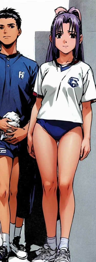 Momoko Koigakubo, a tall girl with beautiful legs, is standing with a smile on her face in a white gym uniform and light navy blue bloomers that look like panties.。Momoko Koigakubo is holding a boy in a jersey。