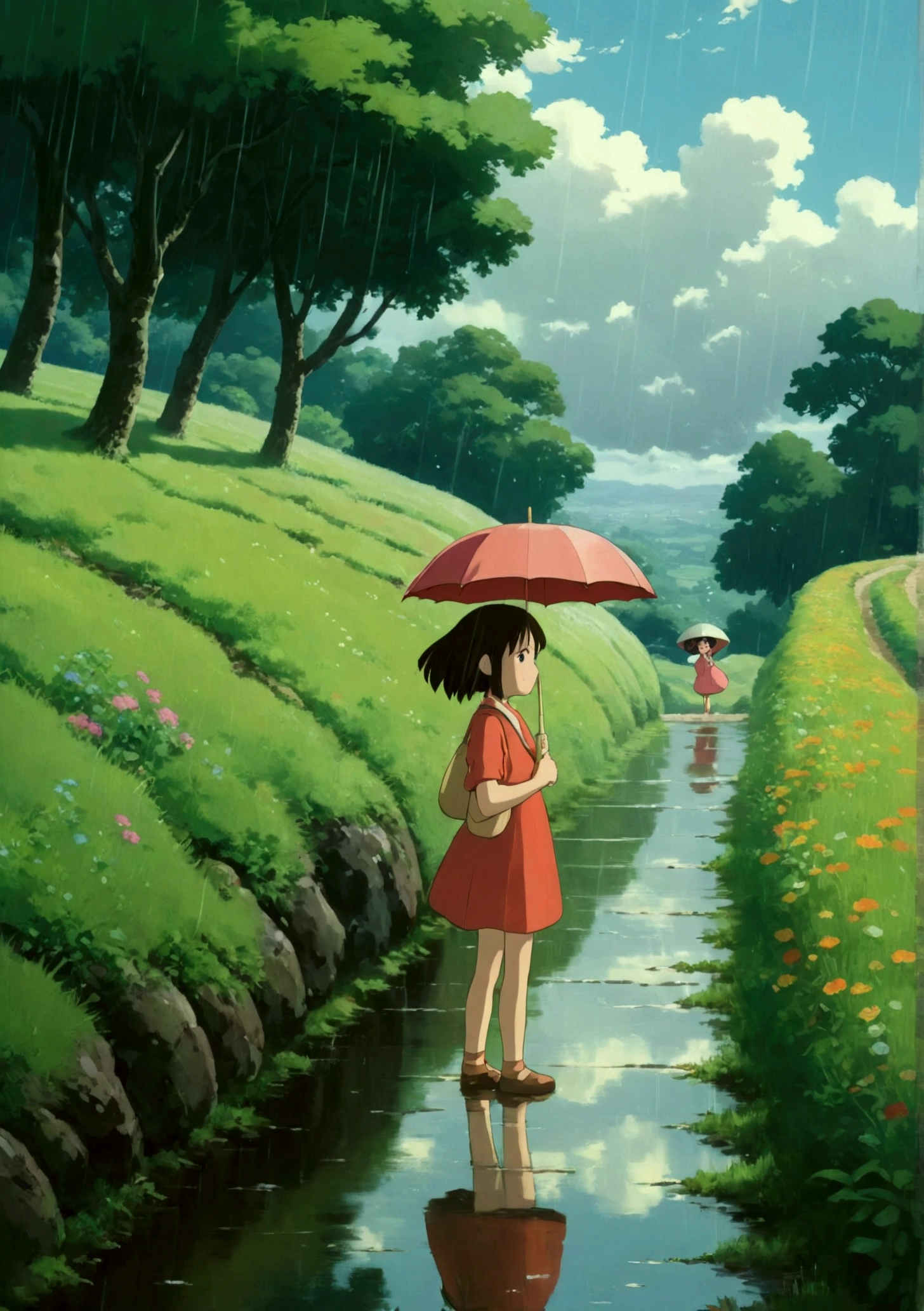 Ghibli　summer　　rain　countryside　Girl with umbrella