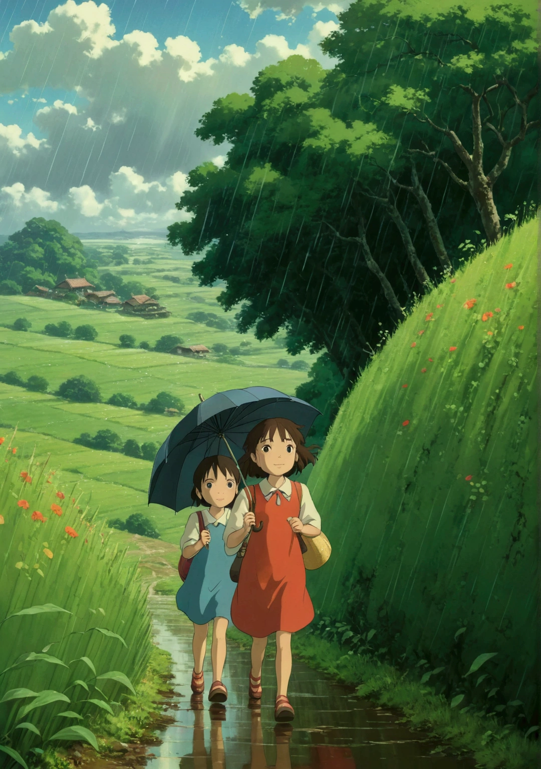 Ghibli　summer　　rain　countryside　Girl with umbrella