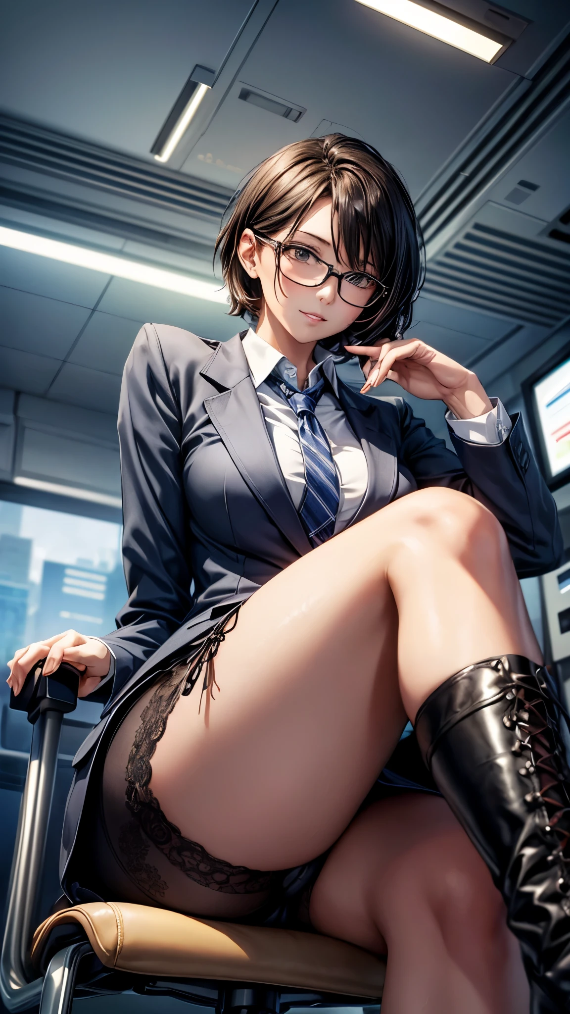 ((From below)),One 30 years old woman,very short hair,glasses,grin,office casual style,suits,tight skirts,pantyhose,((lace up long boots2.0)),sitting on the chair,point finger to lips.