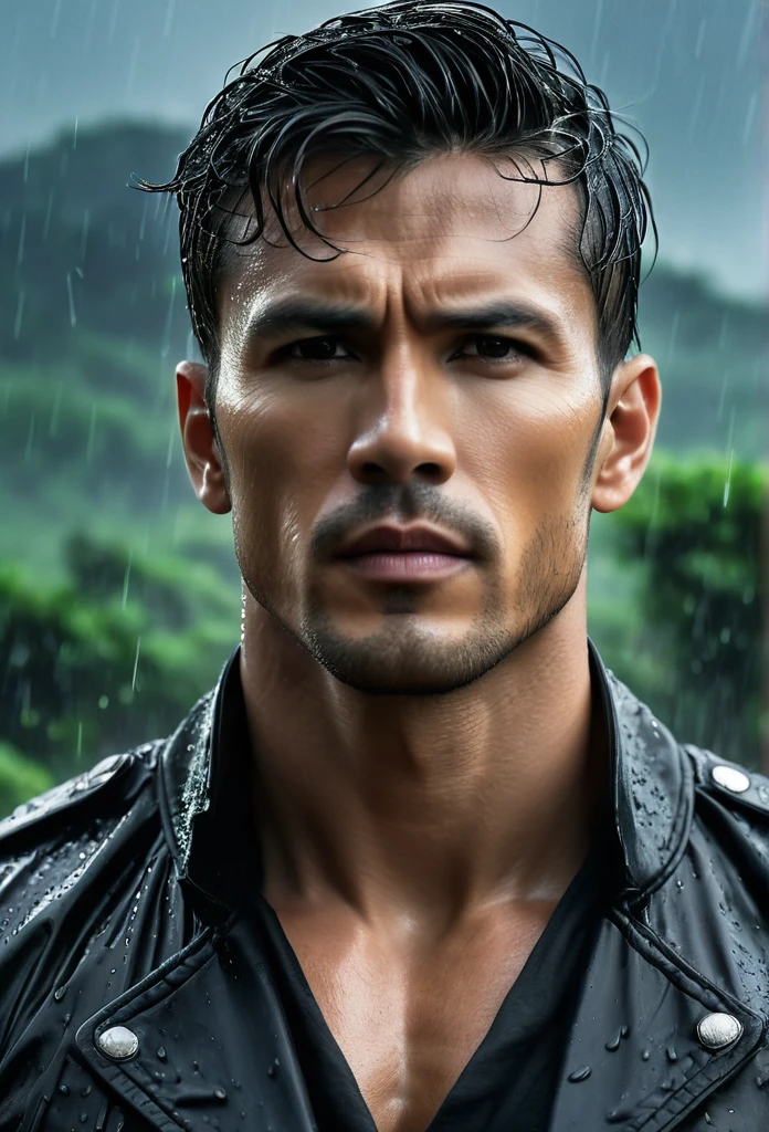 acting（（（martial arts superstar））,black pants, realist:1.3,( fotorrealist, 8K, original photo, high quality, masterpiece, epic lights. close up, center image), (prospect),((1 Handsome guy with confident and well-proportioned muscles, post apocalyptic, Guerrero, Rostro y cuerpo perfectamente detallados, (prospect), rain scene, Poor lighting due to rain,(( My face and body were soaked by the rain:1.5)),lightning lighting, dynamic poses, beautiful fine hair, Leather jacket)),  ((imaginative scenes)),((perfect, meticulously.:1.3)), ((panoramic: 1.4)), ((best quality )), ((masterpiece)), 3d, (Super detailed: 1.3), ((epic scenery: 1.3)), ((night background: 1.3 ))), (((night:1.2))), ( lifelike: 1.4), ((Front camera)),( (Low-light night cinematic lighting: 1.2)). 32