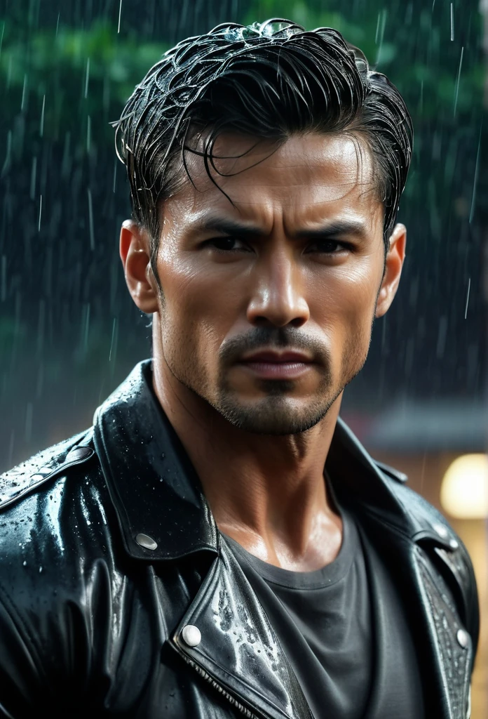 acting（（（martial arts superstar））,black pants, realist:1.3,( fotorrealist, 8K, original photo, high quality, masterpiece, epic lights. close up, center image), (prospect),((1 Handsome guy with confident and well-proportioned muscles, post apocalyptic, Guerrero, Rostro y cuerpo perfectamente detallados, (prospect), rain scene, Poor lighting due to rain,(( My face and body were soaked by the rain:1.5)),lightning lighting, dynamic poses, beautiful fine hair, Leather jacket)),  ((imaginative scenes)),((perfect, meticulously.:1.3)), ((panoramic: 1.4)), ((best quality )), ((masterpiece)), 3d, (Super detailed: 1.3), ((epic scenery: 1.3)), ((night background: 1.3 ))), (((night:1.2))), ( lifelike: 1.4), ((Front camera)),( (Low-light night cinematic lighting: 1.2)). 32