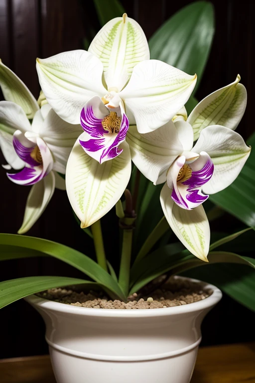 There is a potted plant with white flowers., Portrait by Phyllis Bourne, Trending on Pixabay, creation, white orchids, orchid stems, orchids, orchid, an orchid flower, Close-up view, Close-up view, Big exotic flower, A flower with very long petals, Albinomistic, highly ornamental, Detailed White, moth orchids