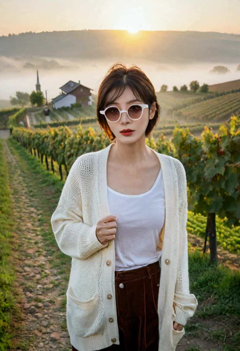 8k, 36 year old Korean woman, pretty like a model, Short hair, White shirt and short cardigan, early morning fog before sunrise, path, vineyard, swiss countryside village, Vivid picture quality, Realistic perfect picture quality, dawn fog, Wide angle lens shot from afar, black horn rimmed sunglasses