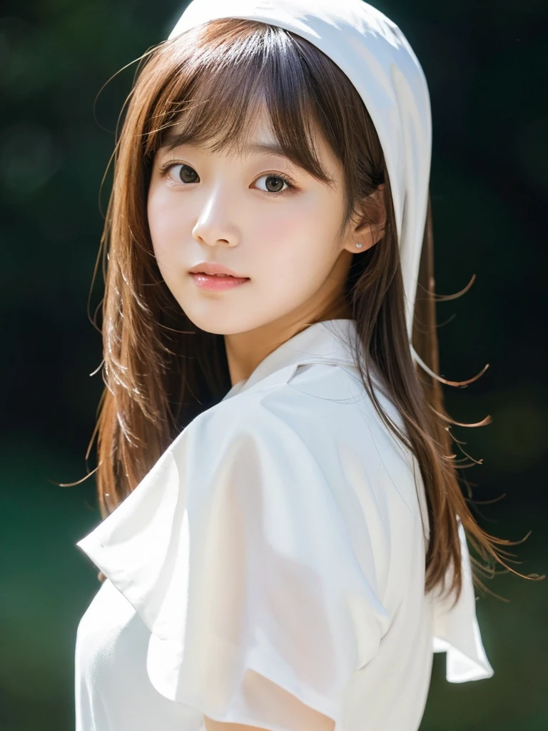 woman with long soft reddish hair and a white dress posing for a photo, pelo largo y soft reddish bangs, white hime cut hairstyle, the hime cut, long hair with full bangs, soft reddish bangs, wonyoung, clean hair with bangs, with long soft reddish hair, straight soft reddish hair, retrato de la hermosa wonyoung. Beautiful woman with soft reddish hair and nun&#39;s veil, beautiful woman in nun costume, hermosa monja wonyoung con pelo rojizo suave, clear face, beautiful soft redhead woman