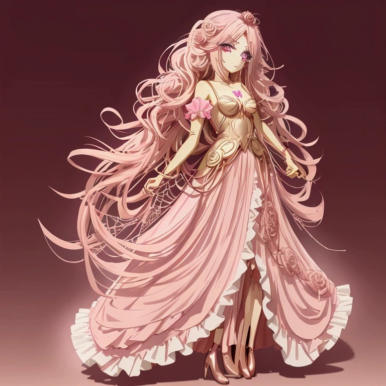 Anime-style girl with (((deep magenta eyes and long, wavy pink hair))) ((styled in an elegant French braid)). (((She is slender, and , with small breasts))). wearing a (((pink, gold, and rose gold color magical girl-themed outfit.))) ((The outfit features a spider and spider web theme.)) The overall look is regal and ethereal, with magical glowing effects. cutesexy, , a hyperrealistic , hyperrealistic , realistic , seductive (anime girl), smooth anime cg art, beautiful alluring anime teen, ((magical girl)), (masterpiece), best quality, expressive eyes, perfect face ((Highest quality))、((8K))、(((8k wallpaper))) ultra detailed, masterpiece, best quality, solo