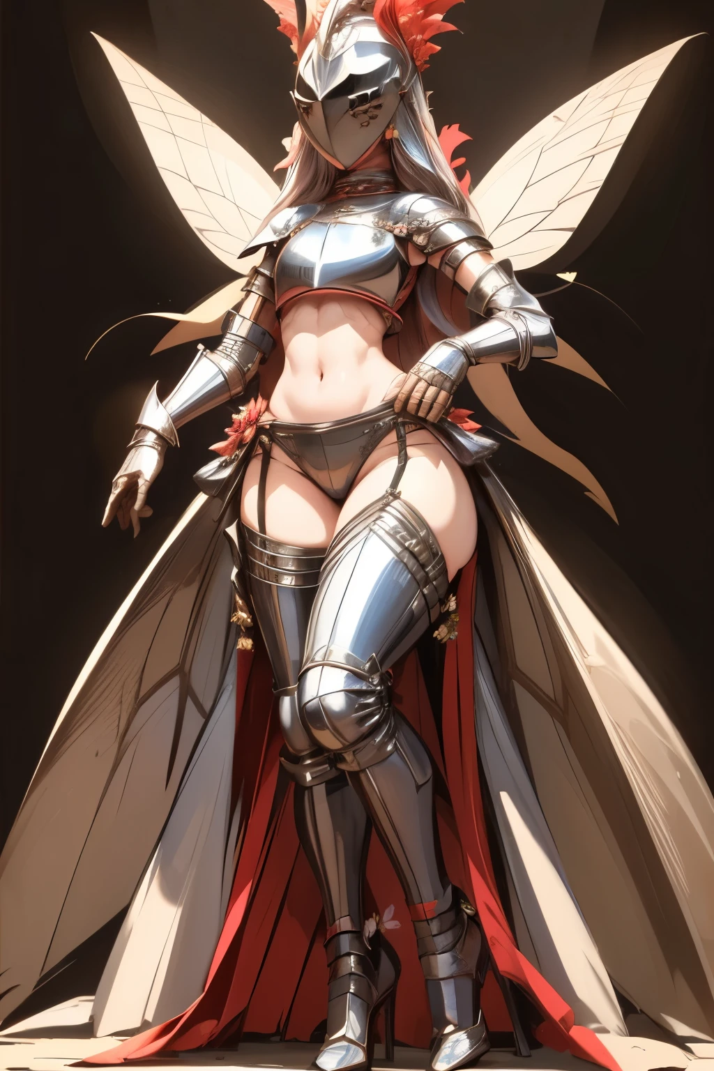 masterpiece, best quality, butterfly wings, (full body), kardiaofrhodes, helmet, plume, gauntlets, thighhighs, navel, breastplate, thighhighs, wide hips, (queen of fairy, with ornaments and flowers on top, high heel)