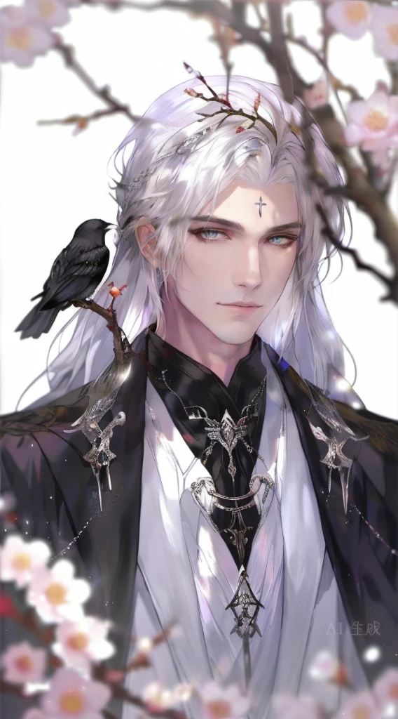 Anime Male,White hair,A black bird perched on my shoulder, beautiful androgynous prince, Delicate hermaphroditic prince, author:Yang J, The handsome guy in Demon Slayer, Inspired by Border Guardians, White-haired deity, Beautiful Shinigami, has long white hair, has long white hair, Tall anime man with blue eyes, author:unbelievable