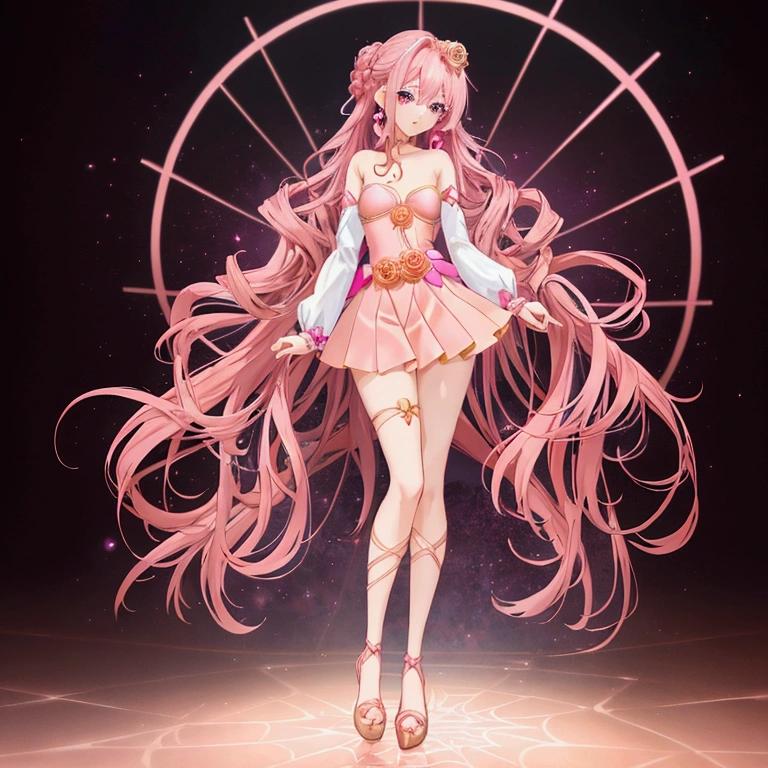 Anime-style girl with (((deep magenta eyes and long, wavy pink hair))) ((styled in an elegant French braid)). (((She is slender, and , with small breasts))). ((Ensure a full-body shot of her)) wearing a (((pink, gold, and rose gold color magical girl-themed outfit.))) ((The outfit features a spider and spider web theme.)) The overall look is regal and ethereal, with magical glowing effects. cutesexy, , a hyperrealistic , hyperrealistic , realistic , seductive (anime girl), smooth anime cg art, beautiful alluring anime , ((magical girl)), (masterpiece), best quality, expressive eyes, perfect face ((Highest quality))、((8K))、(((8k wallpaper))) ((Full Body Shot: 1.5))、ultra detailed, masterpiece, best quality, solo