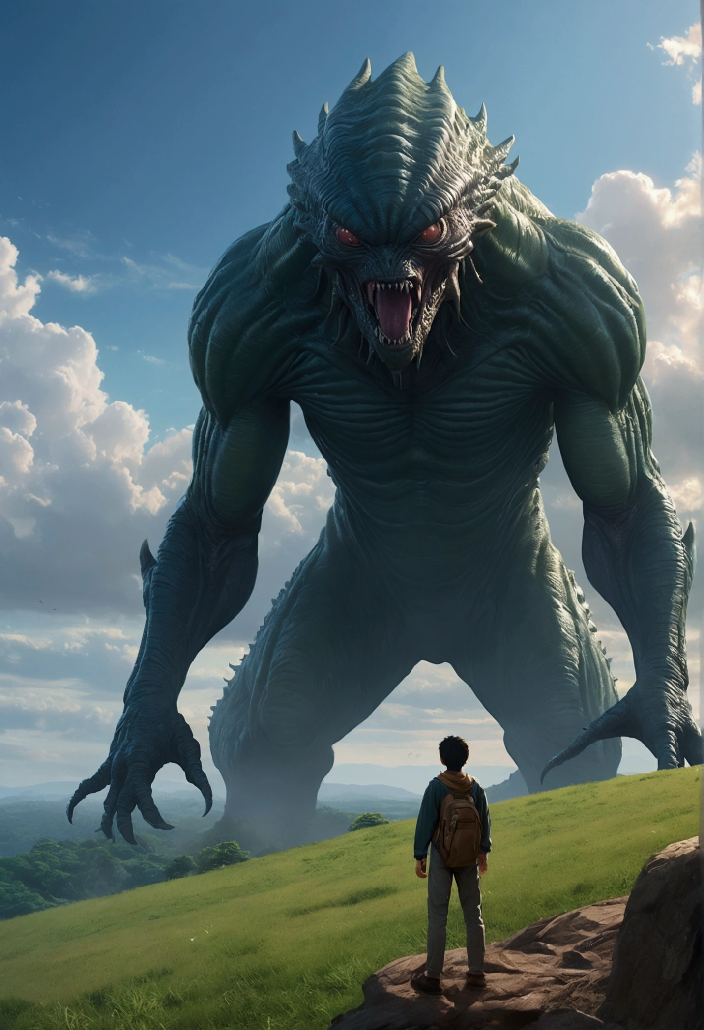 a highly detailed matte painting of a man on a hill watching a giant alien monster, by makoto shinkai, by artgerm, by wlop, by greg rutkowski, volumetric lighting, octane render, 4k resolution, trending on artstation, masterpiece