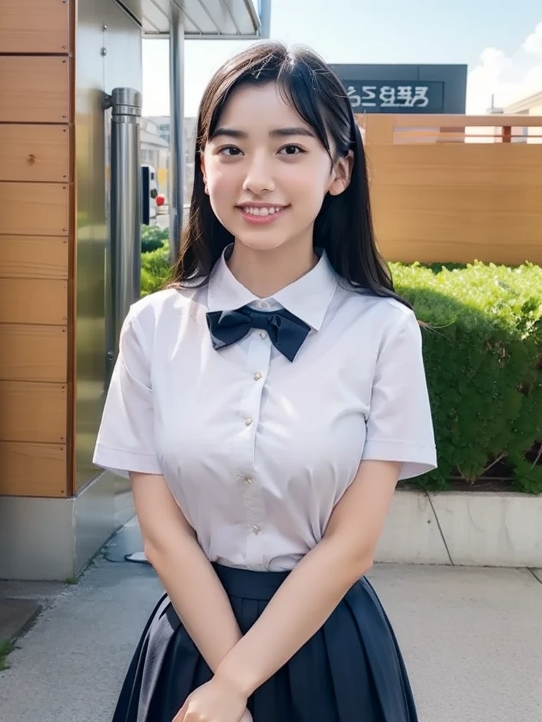Highest quality、masterpiece、8k、Very detailed、Realistic、One girl、Looking at me with a smile、Black Hair、Short Hair、Small face、Slender、(Big Breasts:1.5)、Thin and beautiful legs、narrow and constricted waist,、Young face、A tight-fitting short-sleeved white shirt with buttons and a collar、Short navy blue pleated skirt、Red ribbon on chest、(Erect nipples:1.2)