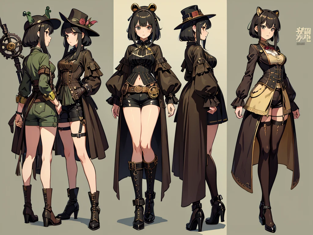 Frog-like face、Distant eyes、Big Mouth、Low Nose、steampunk、Three-dimensional view、Front, side and back view、Standing woman、Shorts、Small breasts