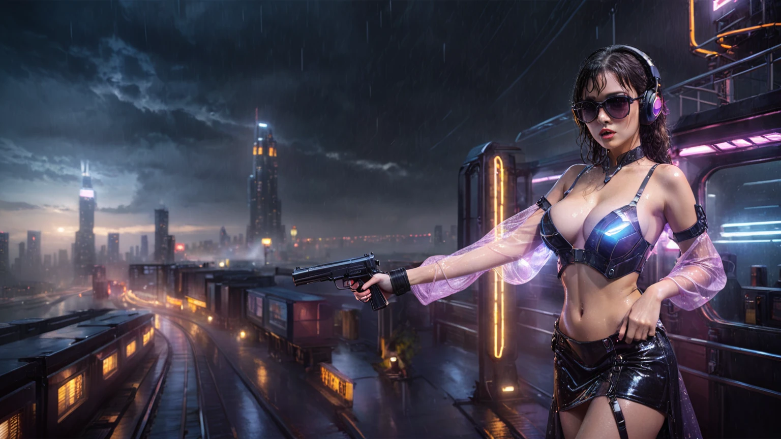 (((aerial view))), Blade Runner style futuristic railway platform, hi-tech train, neon lights, rainy night. (1girl, solo, alone), large-breast:1.2 slim body, cleavage:1.1, sexy wind blowing wet dress:1.4, headphone, (black sunglasses), (((she raised a pistol:1.8 and shot:1.8 the viewer))), dynamic pose, (((half-body thigh level medium shot))), cinematic lighting, lens flare, ray tracing, blurred:1.4 background.