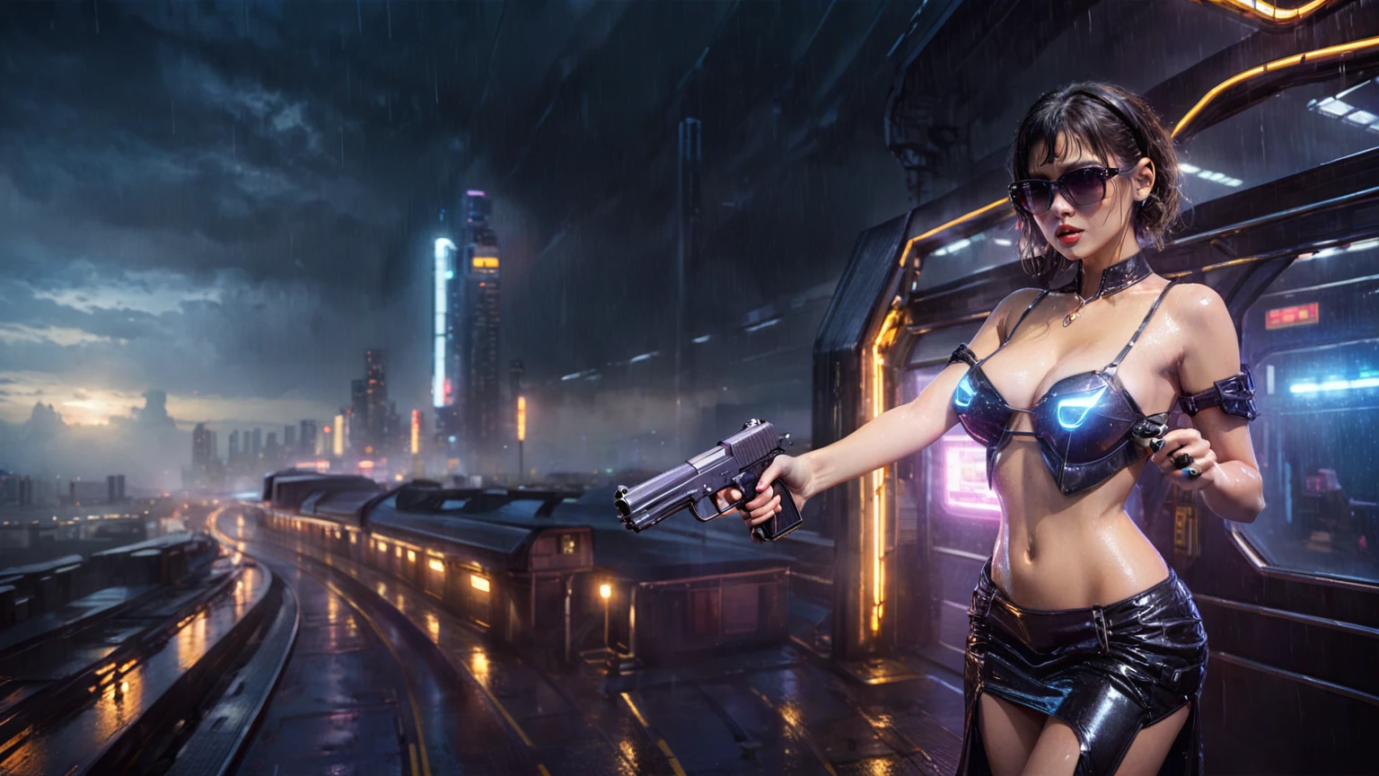 (((aerial view))), Blade Runner style futuristic railway platform, hi-tech train, neon lights, rainy night. (1girl, solo, alone), large-breast:1.2 slim body, cleavage:1.1, sexy wind blowing wet dress:1.4, headphone, (black sunglasses), (((she raised a pistol:1.8 and shot:1.8 the viewer))), dynamic pose, (((half-body thigh level medium shot))), cinematic lighting, lens flare, ray tracing, blurred:1.4 background.