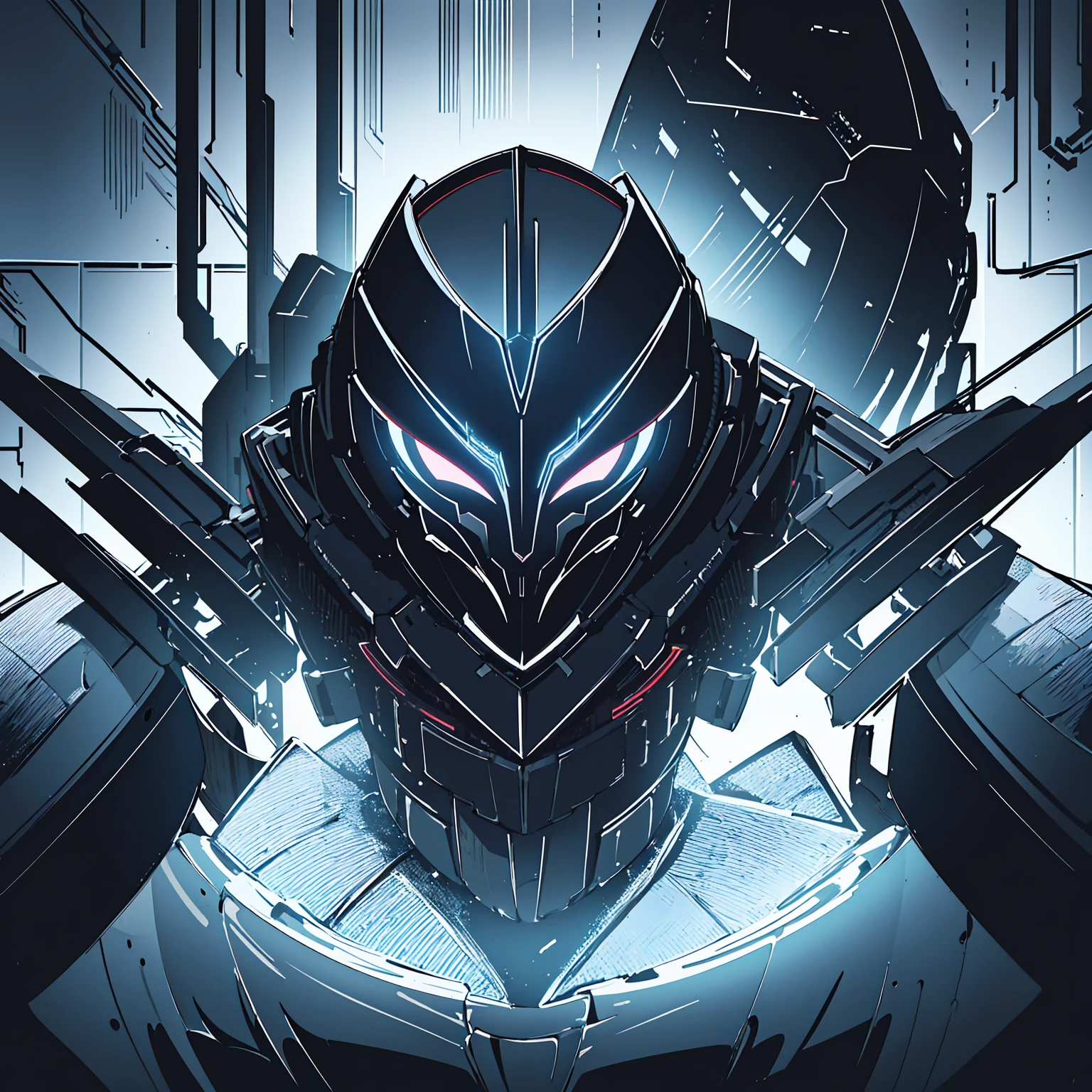 A masked, humanoid figure, highly detailed, digital art, cinematic lighting, dramatic atmosphere, cyberpunk style, intricate mechanical details, glowing neon accents, metallic textures, moody color palette, sharp focus, 8K resolution, (best quality,4k,8k,highres,masterpiece:1.2),ultra-detailed