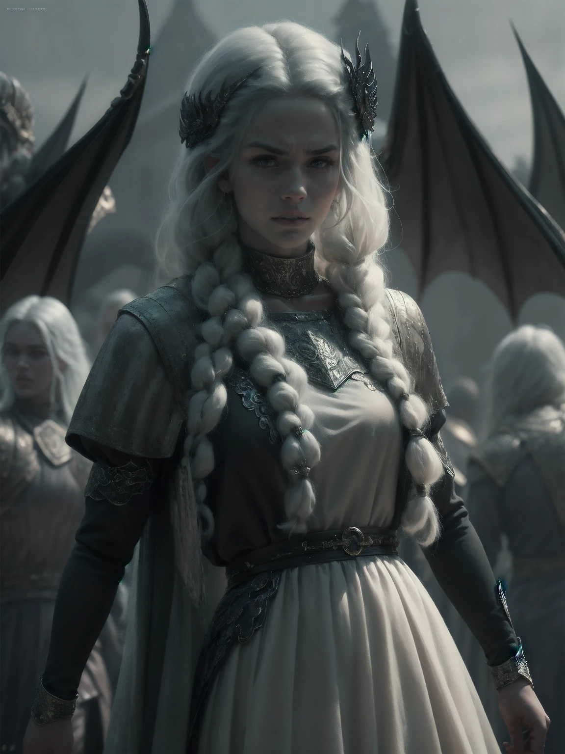 {-erro_de_anatomia:1.0} woman 30 years old, north,viking clothes, (nordic dress), dark castle, a woman (baela targaryen), black woman, (black skin) very long white curly hair (white hair), (blue eyes) . Indifferent look , merciless. among the dragons, dinamic poses, egoist smile, upper body, angry face