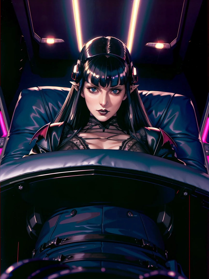 (((gothic vampire piloting) in gothic spacecraft)), (((retro anime))), ((from below)), ((120 fov)), ((((gothic)) control panels)), (((mature))), (((gothic))), (iridescent) bodysuit, ((((lace accessories)))), ((pilot seat)), ((((lying back)) pose)), (((elegant))), (((serious tone))), ((cockpit top control panel)), intricate control panel details, close-up, 1990s (style), masterpiece, ((claustrophobic)), best quality, screens, ((pilot helmet)), night, ((low key light)), (colorful cockpit lights), sparkles, (dramatic lighting), sweat, [blushing], [[pointy ears]], (dark background)