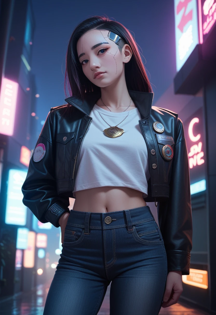 Portrait of emb-haiz, Pretty Face, Cyberpunk city by night. She was wearing a leather jacket,underwear, Black jeans, Dramatic Lighting, (badge:1.2).