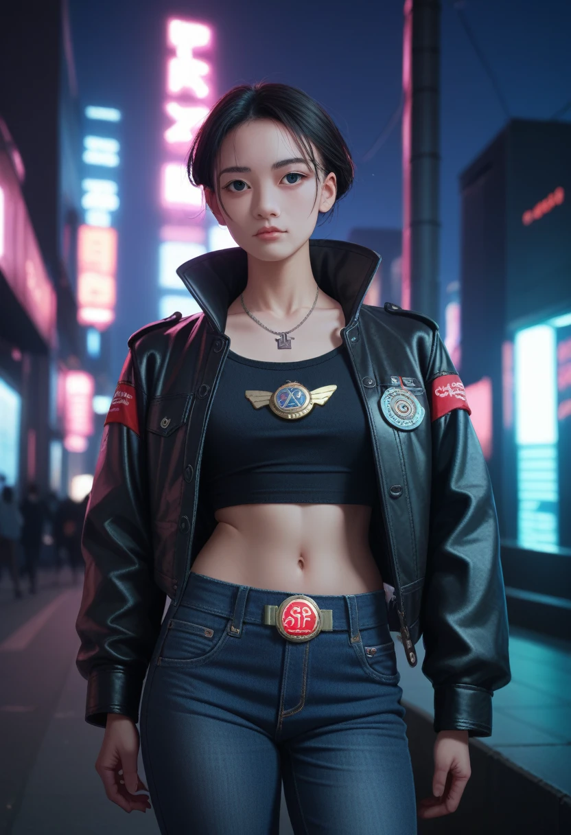 Portrait of emb-haiz, Pretty Face, Cyberpunk city by night. She was wearing a leather jacket,underwear, Black jeans, Dramatic Lighting, (badge:1.2).