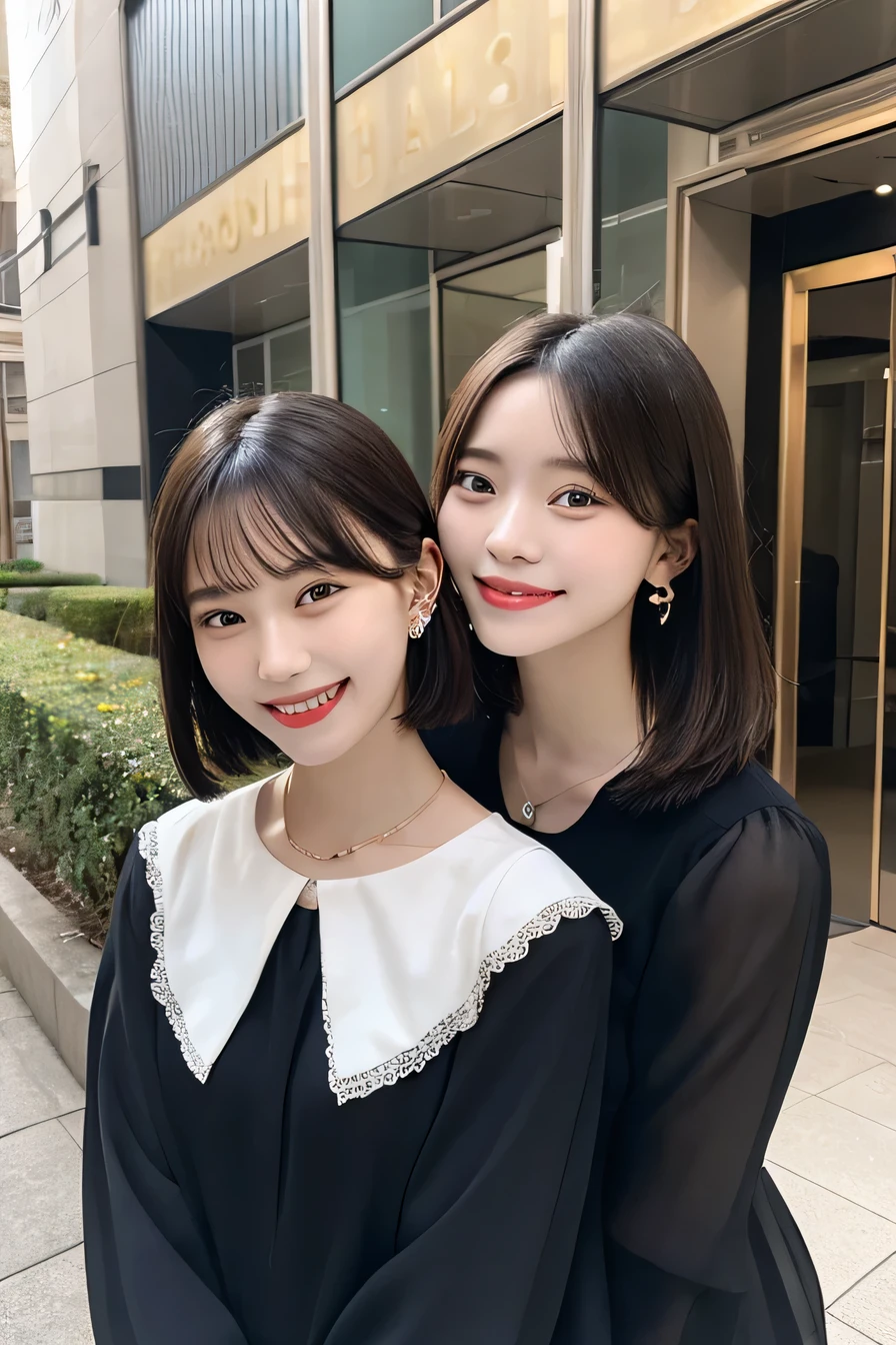 Highest quality, Two girls standing side by side,smile、Beautiful teeth alignment、Black Hair、、Short Haircut、Long sleeve blouse、ear piercing、necklace, , Face Focus、In the background is the entrance to the building