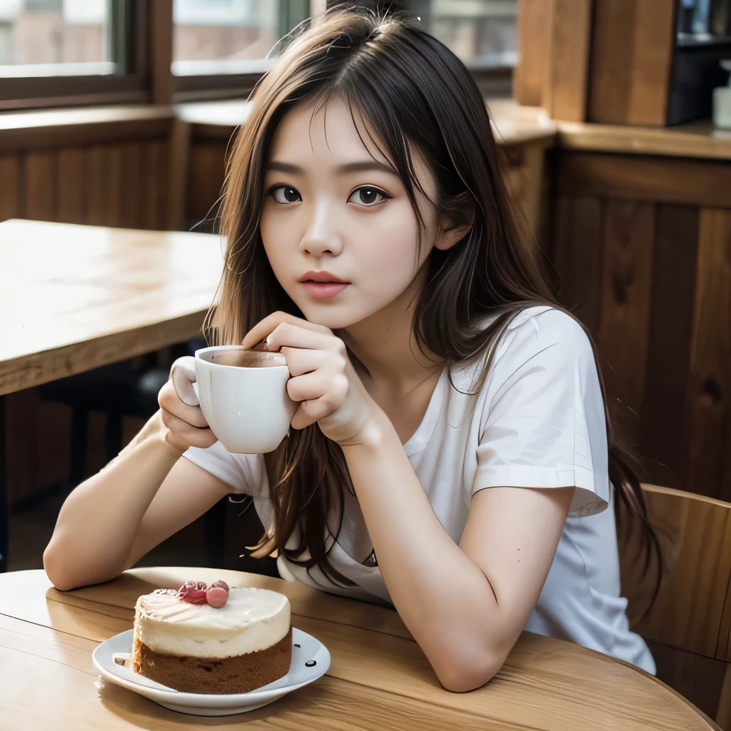 best quality, realistic, 1girl, coffee, cake