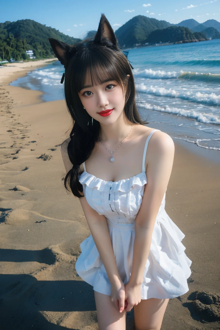 ulzzang-6500-v1.1,(raw photo:1.2),((photorealistic:1.30)), ((best quality)) ,((masterpiece)),((Ultra High Resolution)), ((Clear View)),,Ultra-high resolution,Clear face,（Reality：1.4) ,  illustration, an extremely delicate and beautiful, extremely detailed ,CG ,unity ,8k wallpaper, Amazing, finely detail, masterpiece,best quality,official art,extremely detailed CG unity 8k wallpaper,absurdres, incredibly absurdres, huge filesize, ultra-detailed, highres, extremely detailed,beautiful detailed girl, extremely detailed eyes and face, beautiful detailed eyes,light on face,cinematic lighting, 1girl, 独奏, bangs, long hair,twintails, hair ribbon, jirai kei attire, jirai kei, white dress,black thighhighs, high heels, jewelry, collarbone, earrings,smile, necklace, (standing), (medium breasts:1.3), (shagging breasts) Naughty, On the beach, Beach sand, waves, (Beach:1.5),basking under the sun, sharp baby face, cute, Small face, Small mouth, small lips, (Animal ears:1.3)
