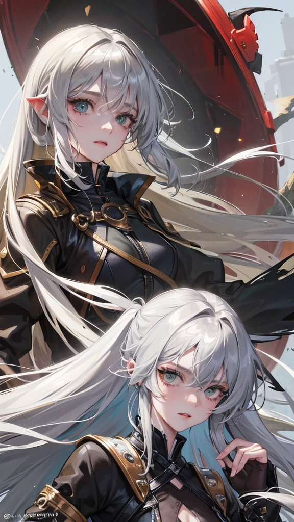(Top resolution、Distinct_image)top-quality、A fox girl 、masterpiece、highly detailed, half body, Semi-realistic、green eyes 、18year old, silver hairs ,young 、Exquisite facial features、Facial features ,variation potrait, long hairstyles, , age, cool , cold sharp eyes, An expression of despair., Torn clothes, destroyed clothes, damaged clothing, all dirty, dirty, dirt, lifeless eyes, blood on face, , {Very detailed 8k CG unit wallpaper}, fantasy,