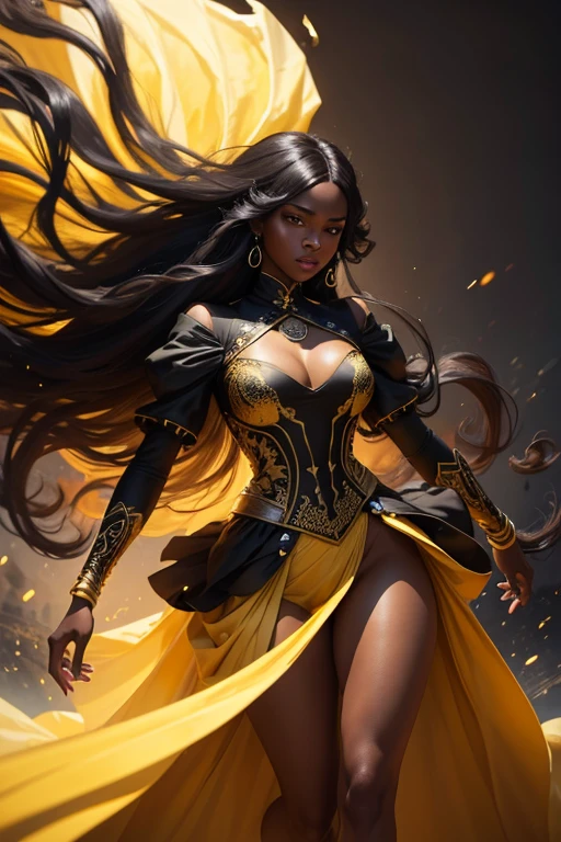 a beautiful detailed yellow-toned black girl in a high-fashion outfit, long flowing hair, striking pose, dramatic lighting, photorealistic, 8k, highres, masterpiece, cinematic