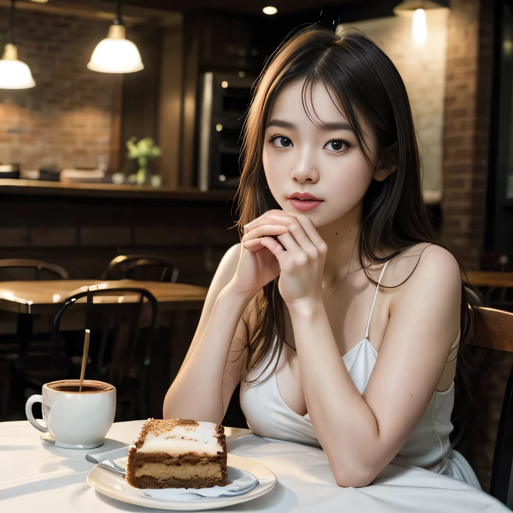 best quality, realistic, 1girl, coffee, cake