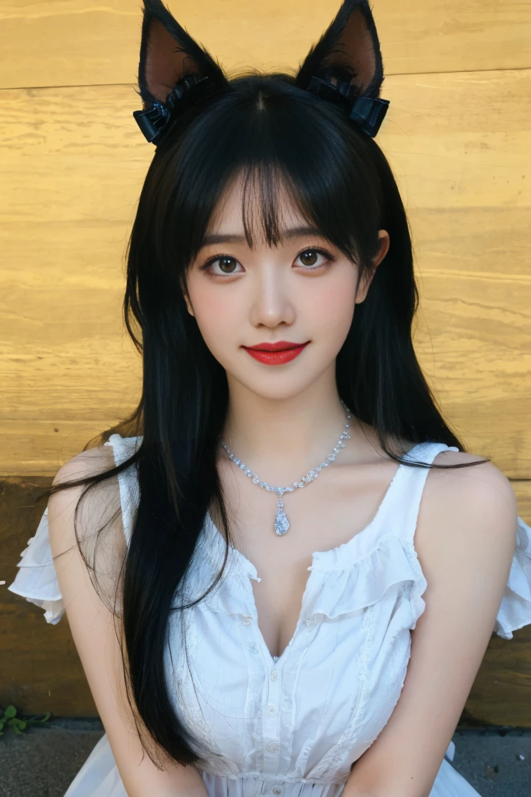 ulzzang-6500-v1.1,(raw photo:1.2),((photorealistic:1.30)), ((best quality)) ,((masterpiece)),((Ultra High Resolution)), ((Clear View)),,Ultra-high resolution,Clear face,(Reality:1.4) , illustration, an extremely delicate and beautiful, extremely detailed ,CG ,unity ,8k wallpaper, Amazing, finely detail, masterpiece,best quality,official art,extremely detailed CG unity 8k wallpaper,absurdres, incredibly absurdres, huge filesize, ultra-detailed, highres, extremely detailed,beautiful detailed girl, extremely detailed eyes and face, beautiful detailed eyes,light on face,cinematic lighting, 1girl, 独奏, bangs, long hair,twintails, hair ribbon, jirai kei attire, jirai kei, white dress,black thighhighs, high heels, jewelry, collarbone, earrings,smile, necklace, (sitting), (medium breasts:1.3), (shagging breasts) Naughty, On the beach, Beach sand, waves, (Beach:1.5),basking under the sun, sharp baby face, cute, Small face, Small mouth, small lips, (Animal ears:1.3)
