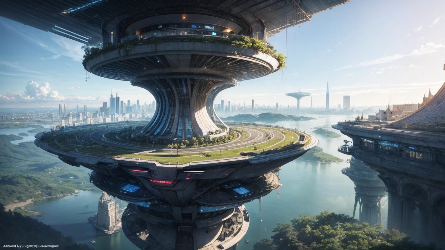 (Best quality,4K,8K,A high resolution,Masterpiece:1.2),Ultra-detailed,(Realistic,Photorealistic,photo-realistic:1.37),Futuristic floating city,Futuristic technology,Huge urban high-tech tablet platform,Airship,Floating in the sky,Futuristic city,Small airships around,High-tech hemispherical platform,Colorful lights,Advanced architecture,modernn architecture,skyscrapper,Access the cloud,Scenic beauty,view over city,Impressive design,Blend seamlessly with nature,energetic and vibrant atmosphere,Futuristic transportation system,Parking is suspended,Transparent path,Lush greenery,Sky gardens,cascading waterfalls,Magnificent skyline,reflections on the water,Sparkling river,Architectural innovation,futuristic skyscrapers,Transparent dome,The shape of the building is unusual,Elevated walkway,Impressive skyline,Glowing lights,Futuristic technology,Minimalist design,Scenic spots,Panoramic view,Cloud Piercing Tower,Vibrant colors,epic sunrise,epic sunset,Dazzling light display,magical ambiance,The future city,Urban Utopia,LuxuryLifestyle,Innovative energy,sustainable development,Smart city technology,Advanced infrastructure,Tranquil atmosphere,Nature and technology live in harmony,Awesome cityscape,Unprecedented urban planning,Architecture connects seamlessly with nature,High-tech metropolis,A cutting-edge engineering marvel,The future of urban living,Visionary architectural concept,Energy-efficient buildings,Harmony with the environment,A city floating above the clouds,Utopian dreams become reality,The possibilities are endless,State-of-the-art transportation network,Green energy integration,Innovative materials,Impressive holographic display,Advanced communication system,Breathtaking aerial view,Quiet and peaceful environment,Modernist aesthetics,Ethereal beauty