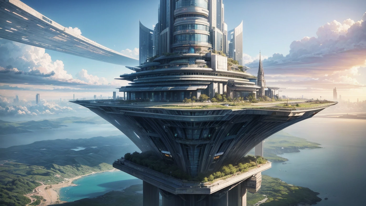 (Best quality,4K,8K,A high resolution,Masterpiece:1.2),Ultra-detailed,(Realistic,Photorealistic,photo-realistic:1.37),Futuristic floating city,Futuristic technology,Huge urban high-tech tablet platform,Airship,Floating in the sky,Futuristic city,Small airships around,High-tech hemispherical platform,Colorful lights,Advanced architecture,modernn architecture,skyscrapper,Access the cloud,Scenic beauty,view over city,Impressive design,Blend seamlessly with nature,energetic and vibrant atmosphere,Futuristic transportation system,Parking is suspended,Transparent path,Lush greenery,Sky gardens,cascading waterfalls,Magnificent skyline,reflections on the water,Sparkling river,Architectural innovation,futuristic skyscrapers,Transparent dome,The shape of the building is unusual,Elevated walkway,Impressive skyline,Glowing lights,Futuristic technology,Minimalist design,Scenic spots,Panoramic view,Cloud Piercing Tower,Vibrant colors,epic sunrise,epic sunset,Dazzling light display,magical ambiance,The future city,Urban Utopia,LuxuryLifestyle,Innovative energy,sustainable development,Smart city technology,Advanced infrastructure,Tranquil atmosphere,Nature and technology live in harmony,Awesome cityscape,Unprecedented urban planning,Architecture connects seamlessly with nature,High-tech metropolis,A cutting-edge engineering marvel,The future of urban living,Visionary architectural concept,Energy-efficient buildings,Harmony with the environment,A city floating above the clouds,Utopian dreams become reality,The possibilities are endless,State-of-the-art transportation network,Green energy integration,Innovative materials,Impressive holographic display,Advanced communication system,Breathtaking aerial view,Quiet and peaceful environment,Modernist aesthetics,Ethereal beauty