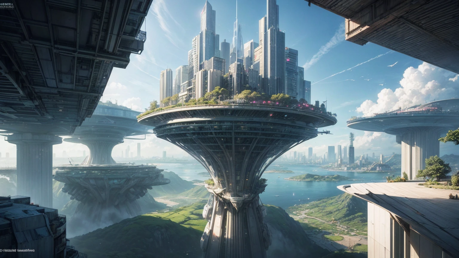 (Best quality,4K,8K,A high resolution,Masterpiece:1.2),Ultra-detailed,(Realistic,Photorealistic,photo-realistic:1.37),Futuristic floating city,Futuristic technology,Huge urban high-tech tablet platform,Airship,Floating in the sky,Futuristic city,Small airships around,High-tech hemispherical platform,Colorful lights,Advanced architecture,modernn architecture,skyscrapper,Access the cloud,Scenic beauty,view over city,Impressive design,Blend seamlessly with nature,energetic and vibrant atmosphere,Futuristic transportation system,Parking is suspended,Transparent path,Lush greenery,Sky gardens,cascading waterfalls,Magnificent skyline,reflections on the water,Sparkling river,Architectural innovation,futuristic skyscrapers,Transparent dome,The shape of the building is unusual,Elevated walkway,Impressive skyline,Glowing lights,Futuristic technology,Minimalist design,Scenic spots,Panoramic view,Cloud Piercing Tower,Vibrant colors,epic sunrise,epic sunset,Dazzling light display,magical ambiance,The future city,Urban Utopia,LuxuryLifestyle,Innovative energy,sustainable development,Smart city technology,Advanced infrastructure,Tranquil atmosphere,Nature and technology live in harmony,Awesome cityscape,Unprecedented urban planning,Architecture connects seamlessly with nature,High-tech metropolis,A cutting-edge engineering marvel,The future of urban living,Visionary architectural concept,Energy-efficient buildings,Harmony with the environment,A city floating above the clouds,Utopian dreams become reality,The possibilities are endless,State-of-the-art transportation network,Green energy integration,Innovative materials,Impressive holographic display,Advanced communication system,Breathtaking aerial view,Quiet and peaceful environment,Modernist aesthetics,Ethereal beauty