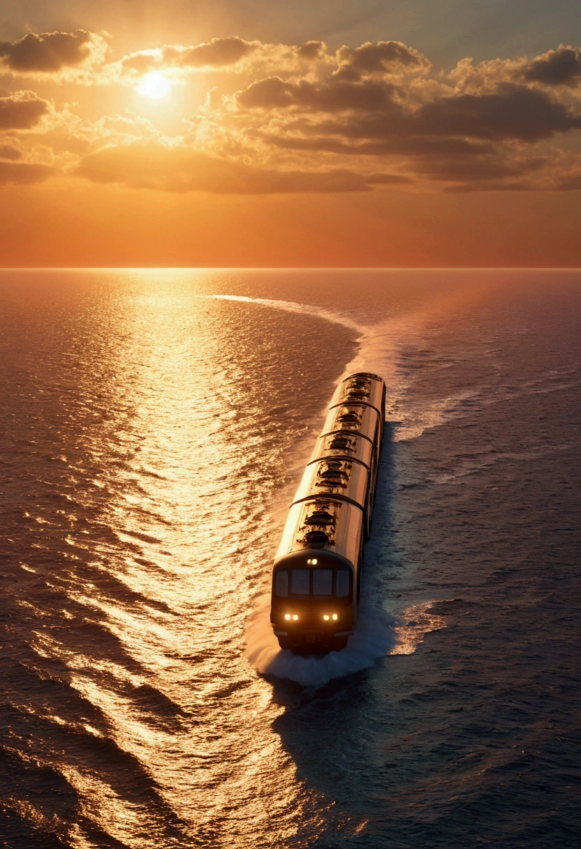 On the Sea A train running on the horizon of the sunset