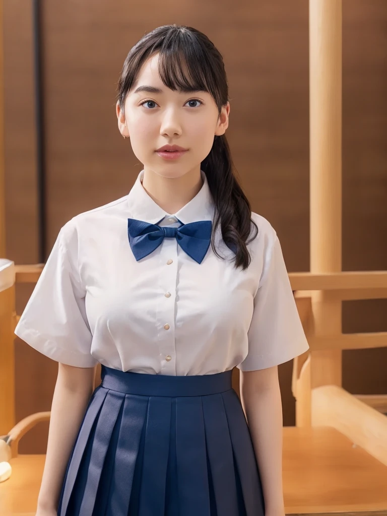 (masterpiece:1.2, Highest quality), (Realistic, photoRealistic:1.4), Beautiful illustrations, (Natural Side Lighting, Cinema Lighting), Written boundary depth, Beautiful thighs staring at the viewer, (Face Focus, Upper Body),Primary school students,alone,(With background:Hotel Rooms) , Curly Hair, Long Hair, amount, amount, amount, Very large , Short sleeve white collar shirt, Navy Pleated Skirt, Navy bow tie, Earrings, Are standing, Bare thighs