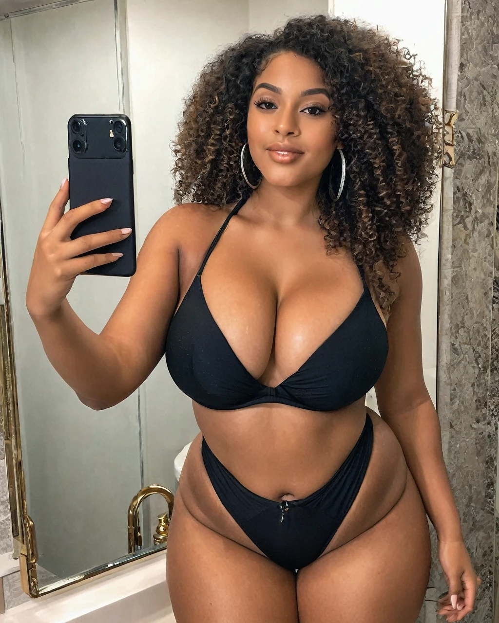 araffe black brazilian woman in bikini taking a selfie in the mirror, curly hair, afro hair, afro style hair, long afro hair, long afro style hair, thick body, beautiful thick woman, voluptuous body, thick thighs, thick thighs, thick, thick , slim waist and thick hips, wide hips, curvy body, fit curvy physique, gorgeous body and face, wider hips, curvy hourglass figure, thick legs