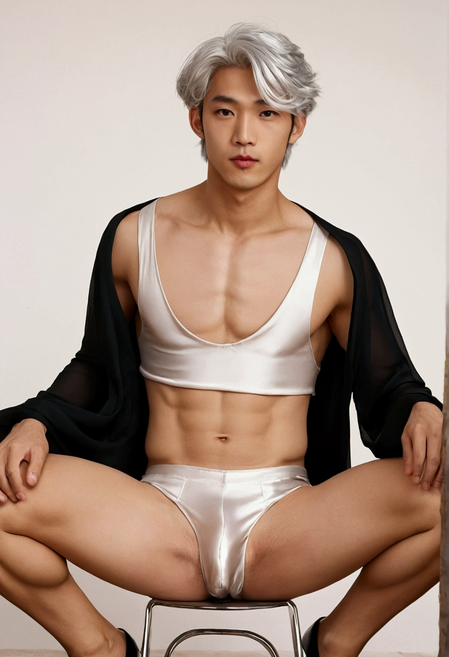 transparency of silk，high score hair、personal，Age 34， A young man with silver hair biting his lip，Sitting posture，To the camera，Sitting posture双抬腿）(Camel Toe)，(no)，(I didn&#39;t bring it)，Sitting posture，Upper crotch，The crotch is open，Fascinating，High heels， Long legs, Strong leg muscles，