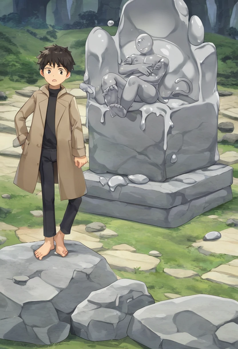 Little male cat，boy，There is a tail，cute，Thin，struggle，Everlasting，Stone，Gray slime，Feet turned to stone，Hands turned to stone，Stones spread feet，Stone feet，Stone Hand，illumination，freeze，Feet petrified，charming，boy们 ，Petrified feet，穿着Tight Fit衣，plastic，Full body portrait，smooth，全身Tight Fit衣，Gel coat，全身Gel coat，outdoor，Small pants，Tight Fit，No clothes，stone man，The stones gradually spread on the body