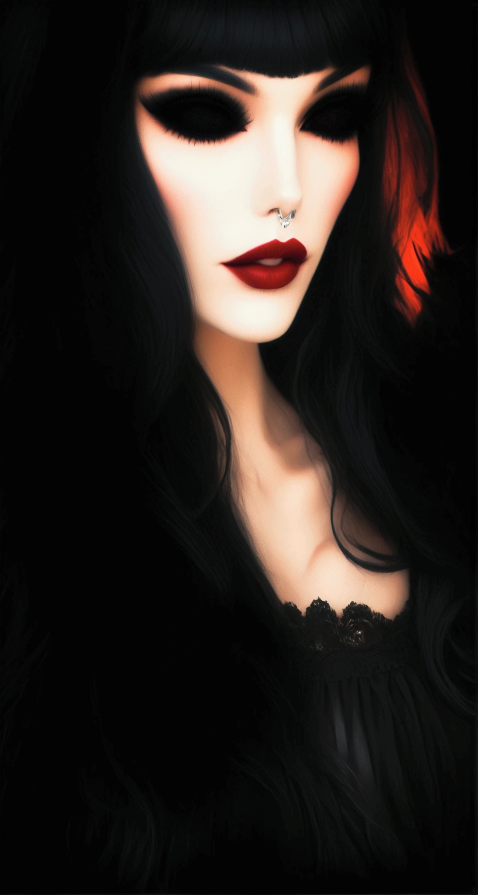 arafed woman with black hair and red lipstick and a black dress, sultry digital painting, cute face. dark fantasy, portrait of beautiful vampire, gothic girl face, beautiful vampire queen, dark fantasy portrait, gothic face, detailed face with red lips, beautiful female vampire, portrait of a dark goddess, dark vampire, beautiful vampire female queen