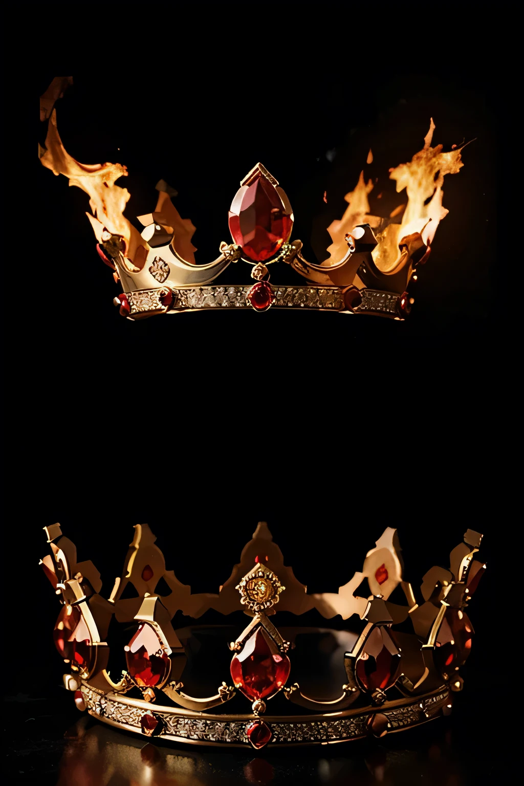 a crown with red diamonds on a black background with fire covering the crown