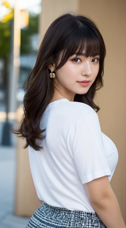 (8k, RAW Photo, Best Quality, Masterpiece:1.2), Ultra Detail, Super Resolution, (Realistic, Realistic Photo:1.37), Portrait, High Detail RAW Color Photo, Professional Photo, Extremely Detailed and Beautiful, Extremely detailed, 8k wallpaper, amazing and detailed, huge file size, official art, highly detailed CG unity 8k wallpaper, highly detailed beautiful girl, highly detailed face, highly detailed eyes, highly detailed skin, highly detailed fingers, highly detailed nose, very detailed detailed mouth , perfect , highly detailed background, highly detailed clothing, 1girl, (18:1.2), 20s, cute girl, realistic body, , fair skin, glowing skin , slim body, handsome body, black hair , rolled up hair, (blunt bangs:1.2), smile, cute, youthful, cute face, realistic face, delicate eyes, drooping eyes, white T-shirt, short skirt, earring, looking at viewer, cowboy shot, facing front, Standing position, contraposto, dynamic lighting, very large breasts