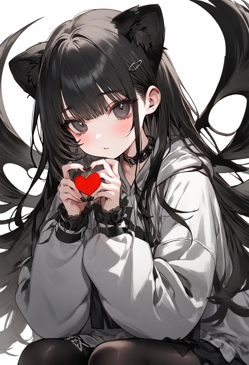 One girl、Black Hair、Long Hair、black eye、Eyes without highlights、Plain black oversized hoodie、Black tights、Black ****ta Sneakers、Platform sneakers、Upper body only、Making a heart with hands、White background